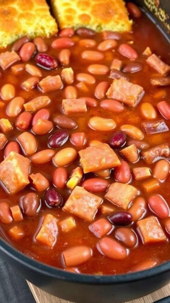 A pot of baked beans with ham and cornbread on the side