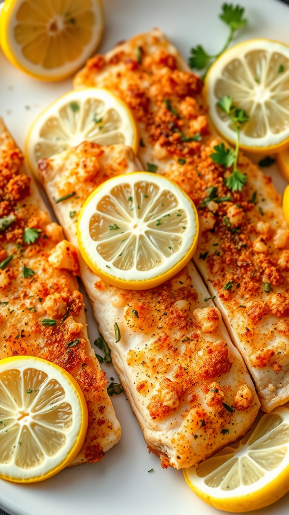 Baked catfish fillets garnished with lemon slices and herbs