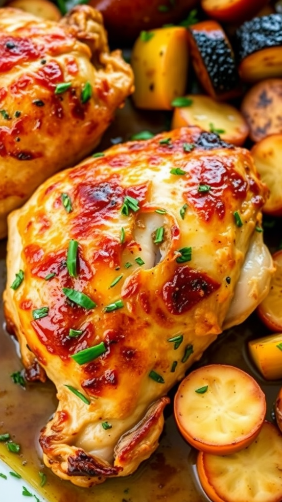 Delicious baked chicken thighs with a golden glaze and colorful vegetables