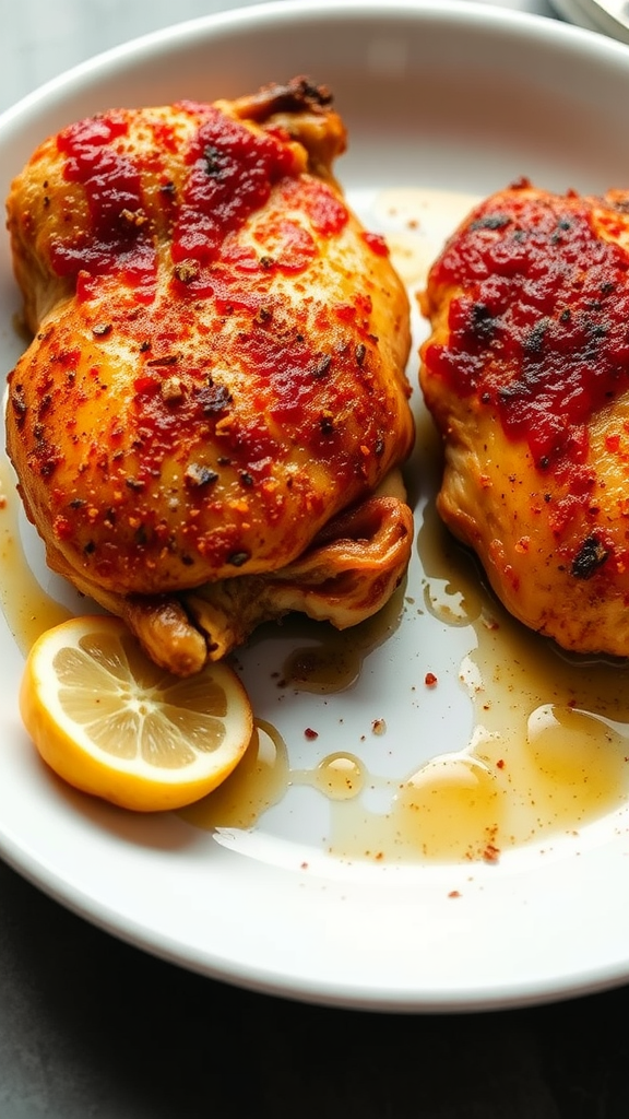 Crispy oven-baked chicken thighs garnished with sauce and lemon slices