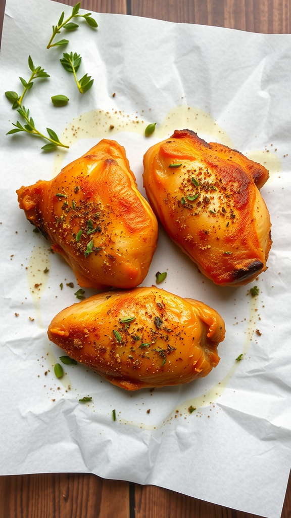 Crispy oven-baked chicken thighs garnished with herbs