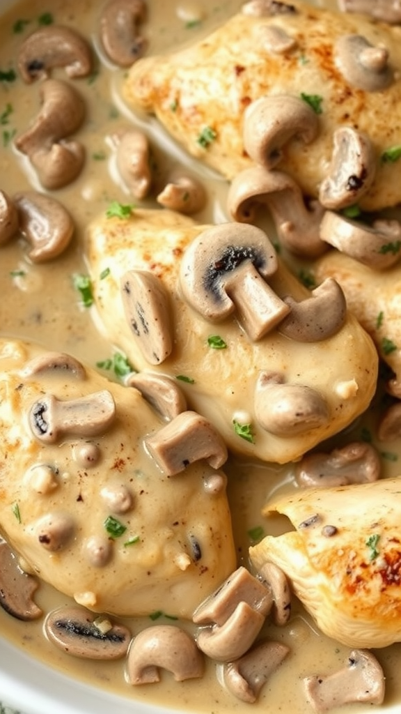 Baked chicken breasts in creamy mushroom sauce with sliced mushrooms and herbs