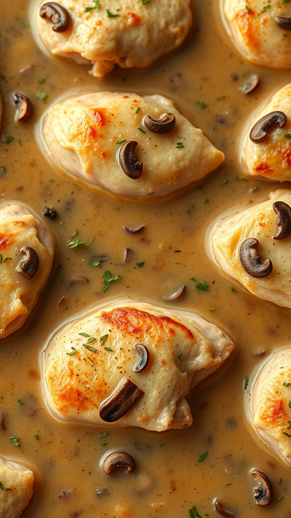 Oven-baked chicken breasts in cream of mushroom sauce with mushrooms and parsley