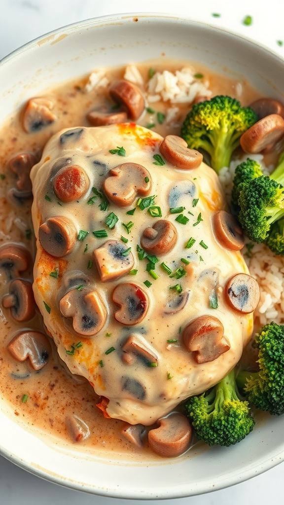 Baked chicken with cream of mushroom soup, served with rice and broccoli.