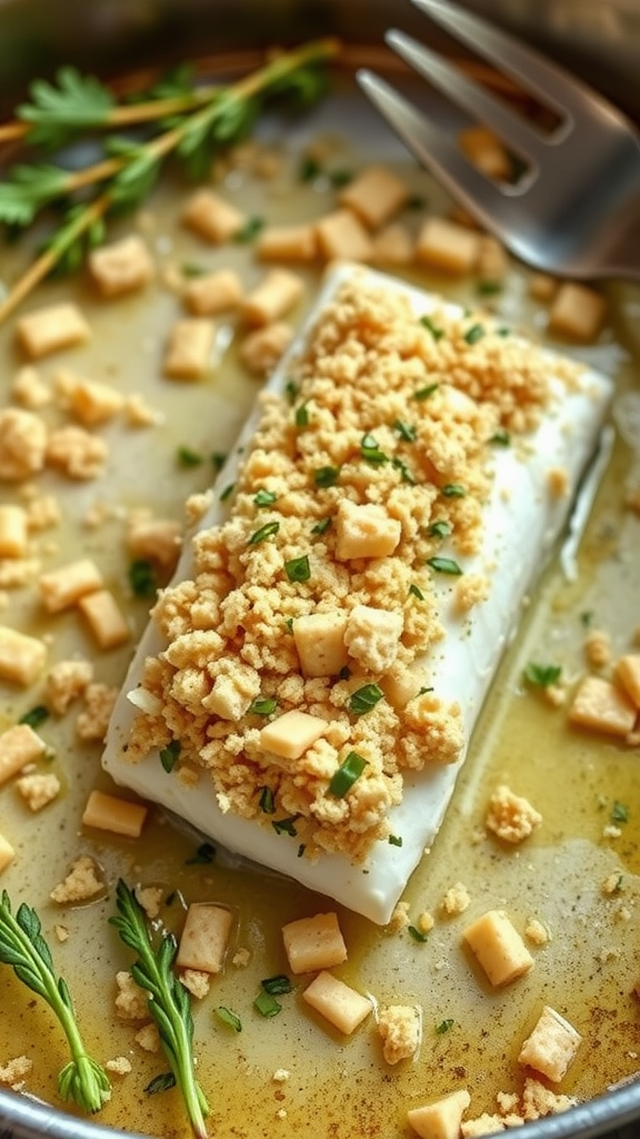 Baked cod fillet topped with crushed Ritz crackers and herbs, ready to serve
