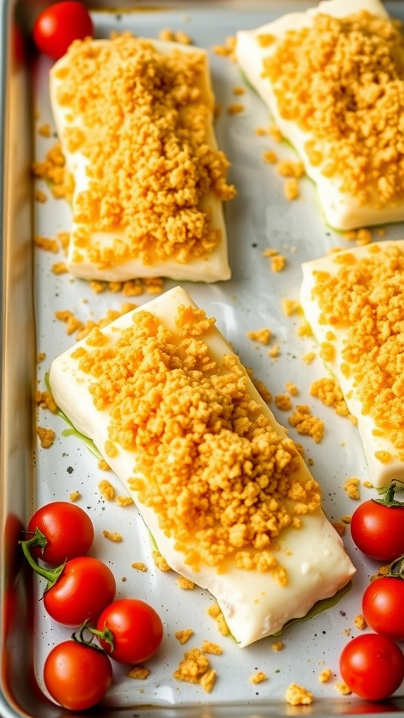 Baked cod fillets topped with Ritz cracker crumbs and surrounded by cherry tomatoes