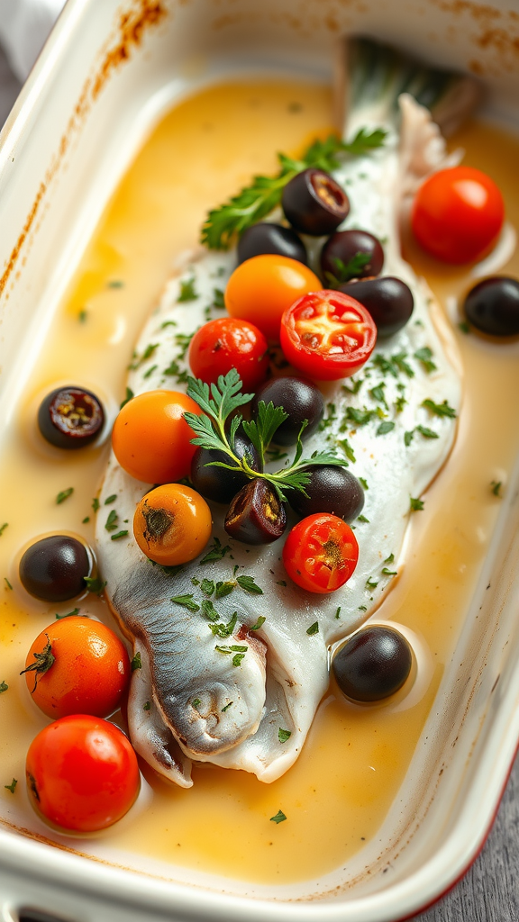 Baked grouper topped with cherry tomatoes and olives in a baking dish