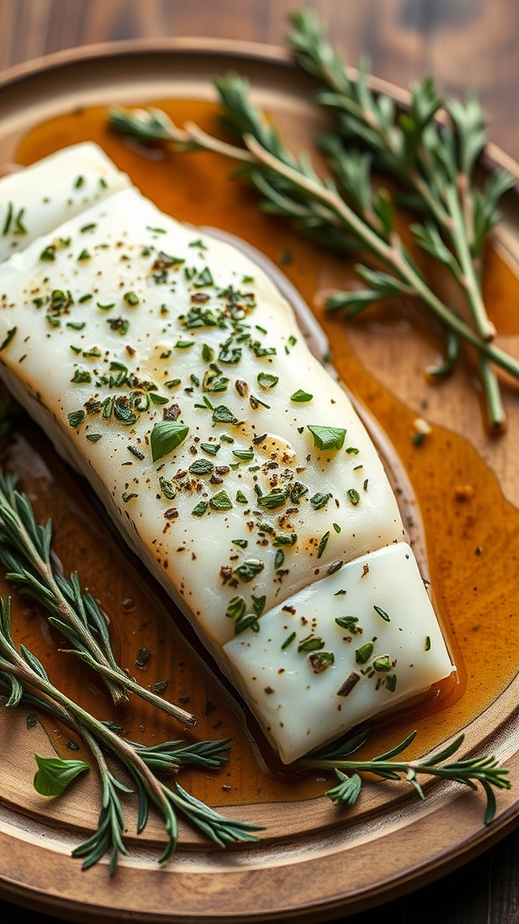 A piece of baked halibut garnished with herbs