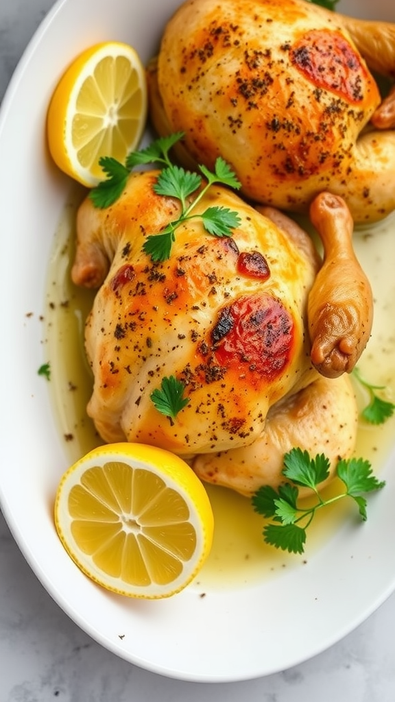 Baked lemon garlic chicken garnished with lemon slices and parsley