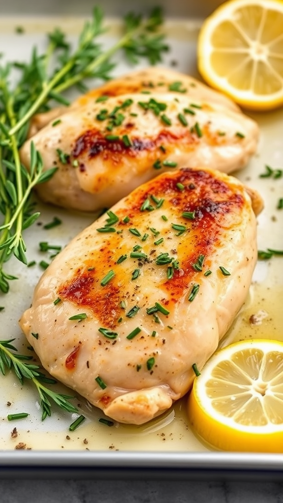 Two baked chicken breasts garnished with herbs and served with lemon slices