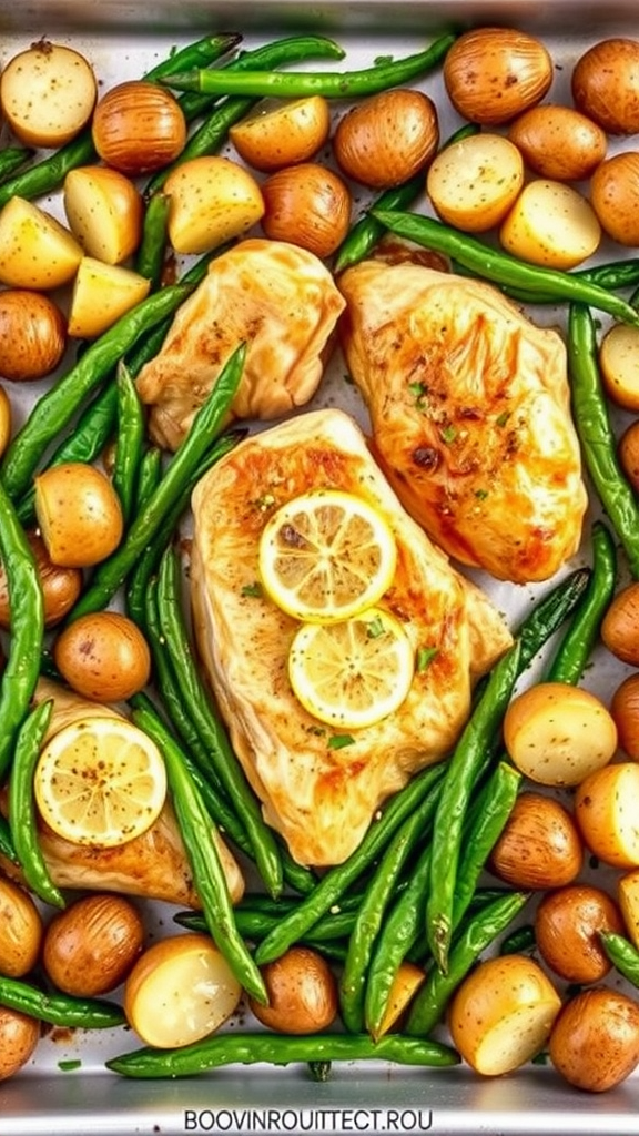 Baked lemon garlic chicken with green beans and baby potatoes on a baking sheet.