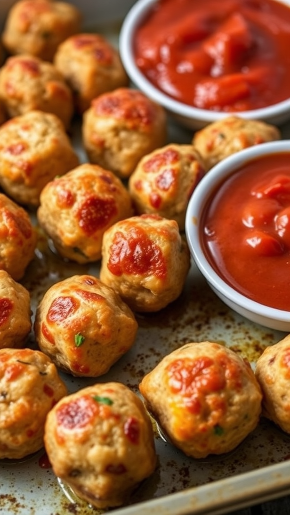 Tray of baked meatballs with bowls of red sauce