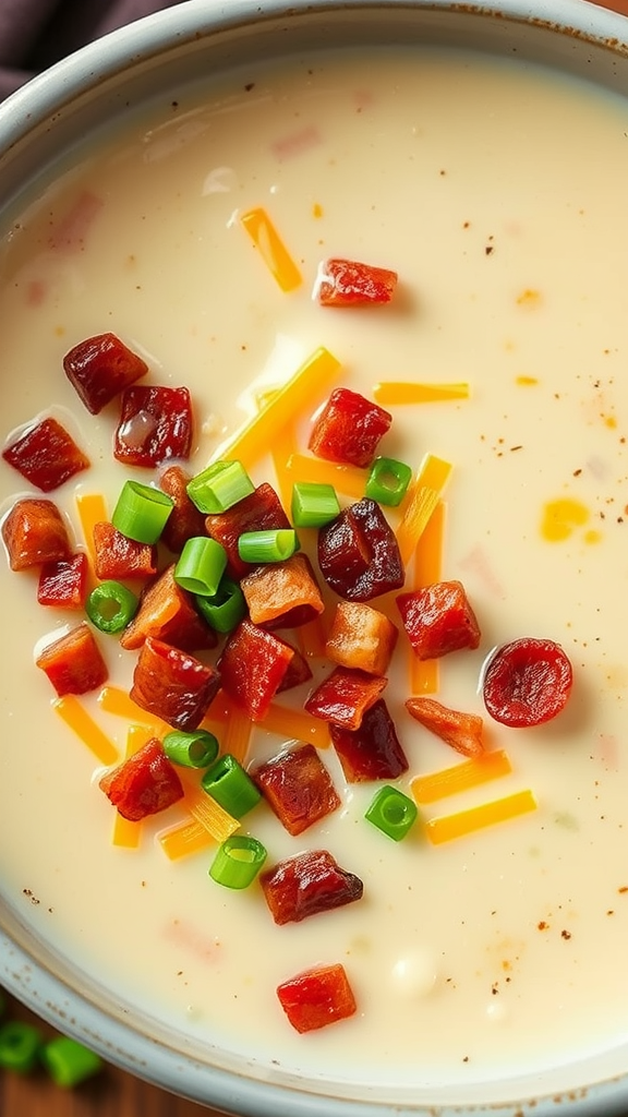 A bowl of baked potato soup topped with cheese, bacon, and green onions