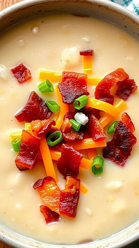A bowl of creamy baked potato soup topped with crispy bacon, cheddar cheese, and green onions.
