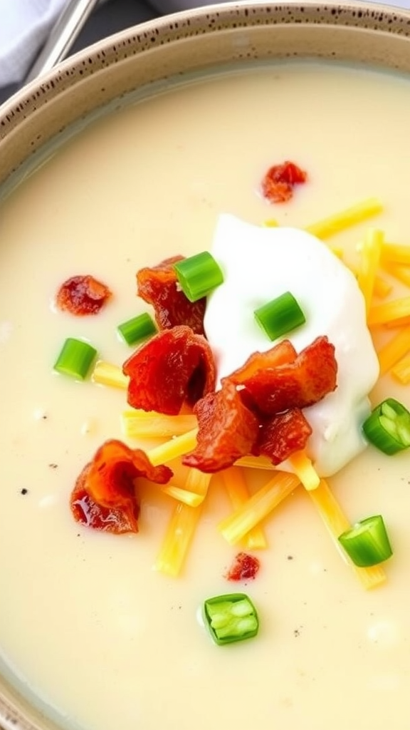 A bowl of creamy baked potato soup topped with cheese, bacon, green onions, and sour cream.