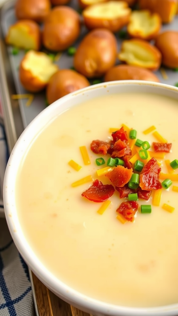 A bowl of creamy baked potato soup topped with cheese, bacon, and green onions, with baked potato halves in the background.