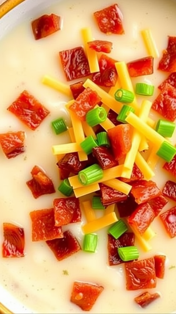 A bowl of creamy baked potato soup topped with bacon bits, cheese, and green onions.