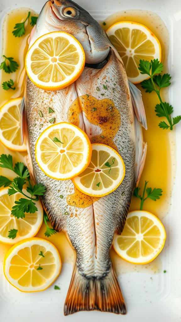 A whole baked trout garnished with lemon slices and herbs on a plate