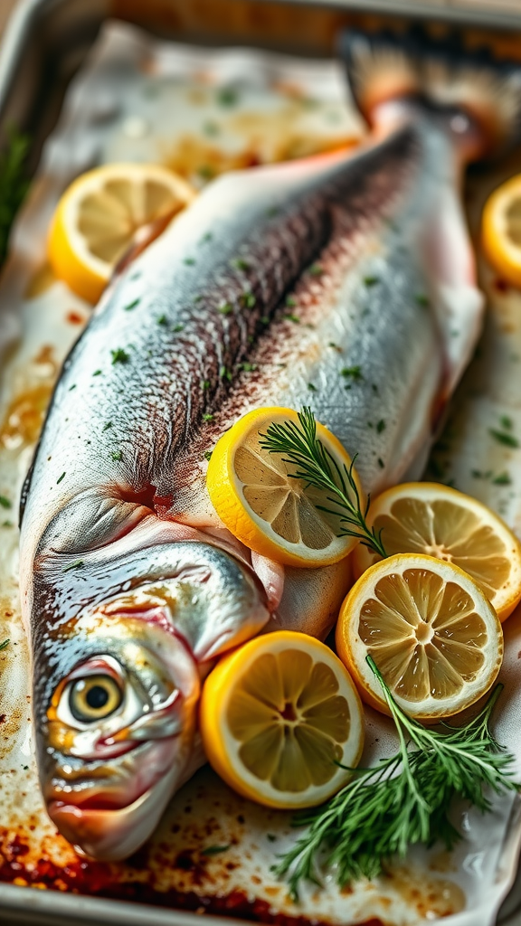 A whole baked trout garnished with lemon slices and fresh herbs, ready to be served.