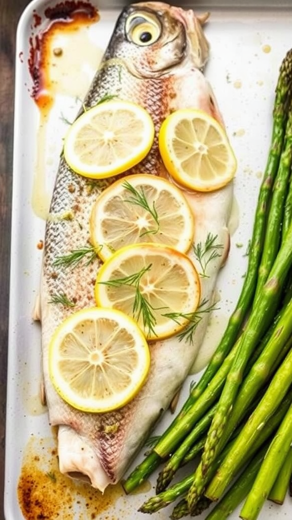Baked trout topped with lemon slices and served with asparagus