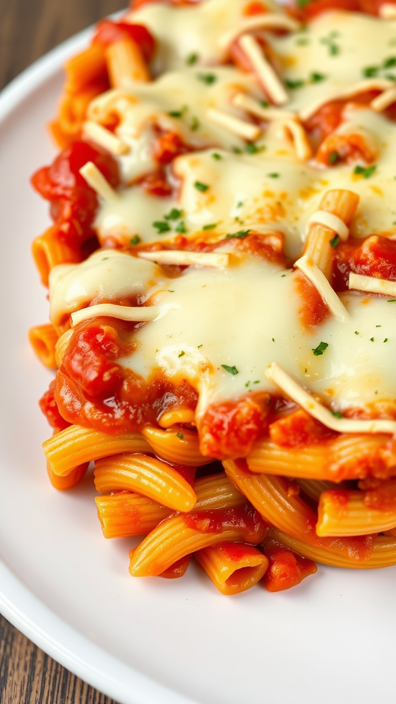 A close-up of Baked Ziti topped with melted cheese and tomato sauce.