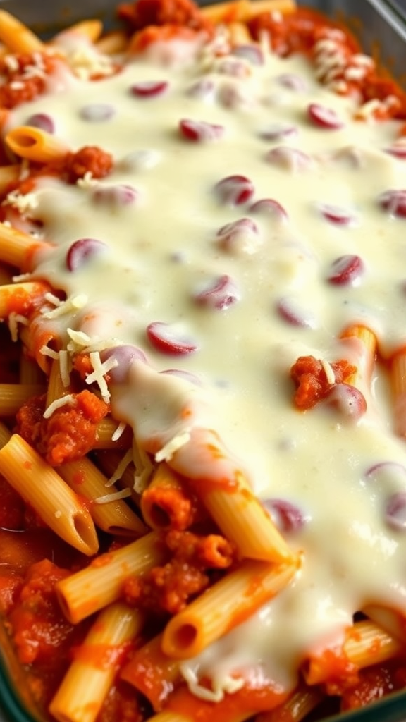 A delicious dish of baked ziti topped with melted cheese and garnished with meat, ideal for sharing at gatherings.