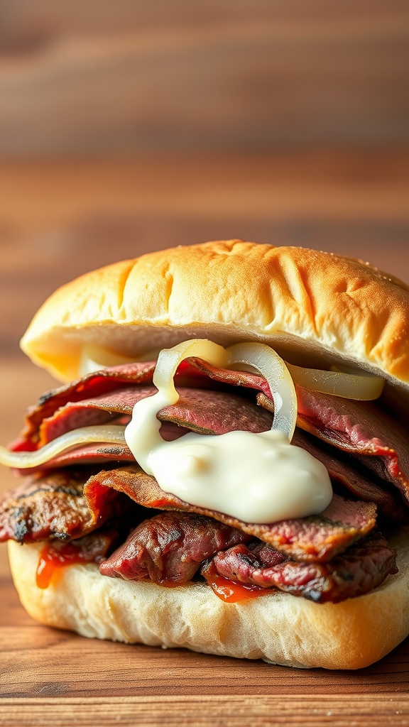 A close-up of a Baltimore Pit Beef Sandwich with layers of beef, onions, and mayonnaise on a bun.