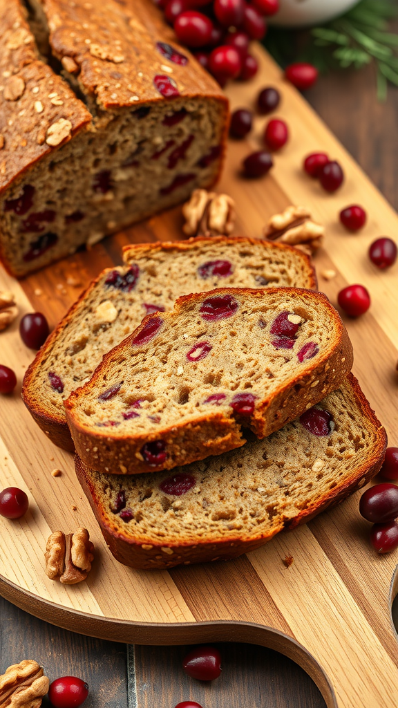 Sliced banana bread with cranberries and walnuts on a wooden board, surrounded by cranberries and walnut pieces.