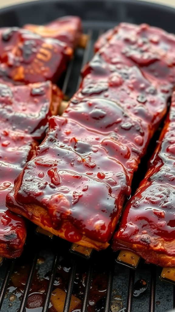 Close-up of barbecue ribs with a glossy sauce on a grill