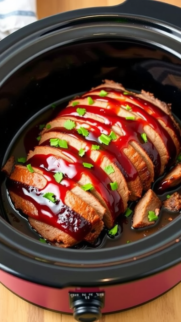 A sliced BBQ beef brisket with sauce and cilantro in a crockpot