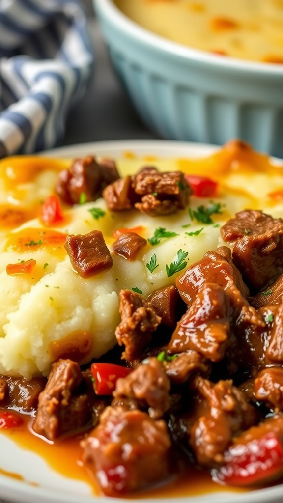 A plate of BBQ Brisket Shepherd's Pie with mashed potatoes and brisket in BBQ sauce, garnished with parsley and red peppers.