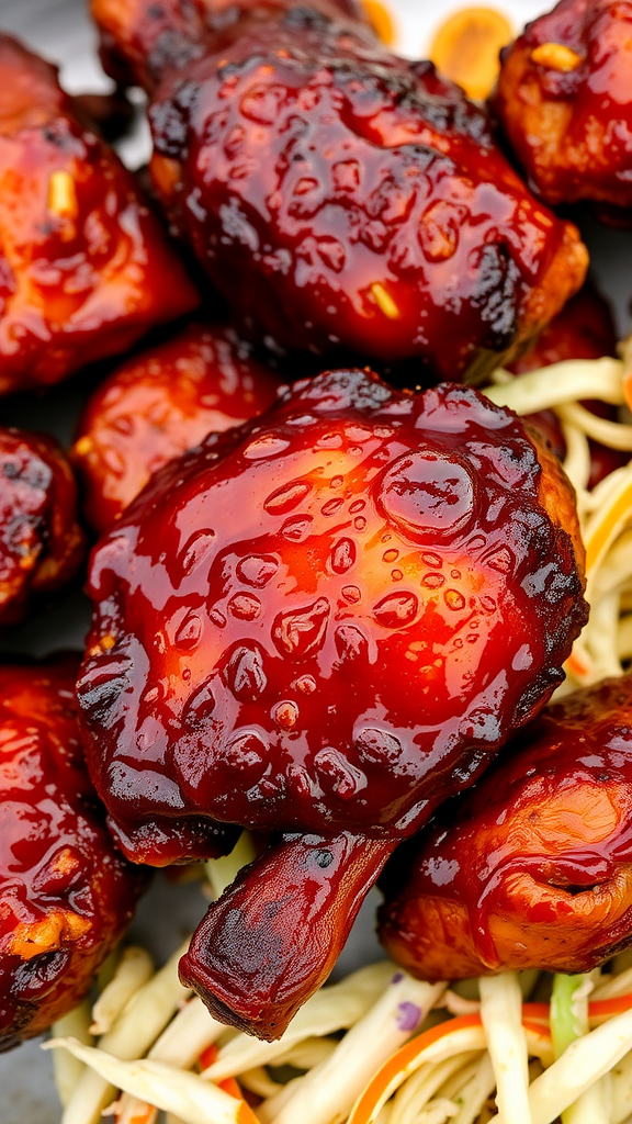 Close-up of BBQ chicken pieces with a glossy glaze