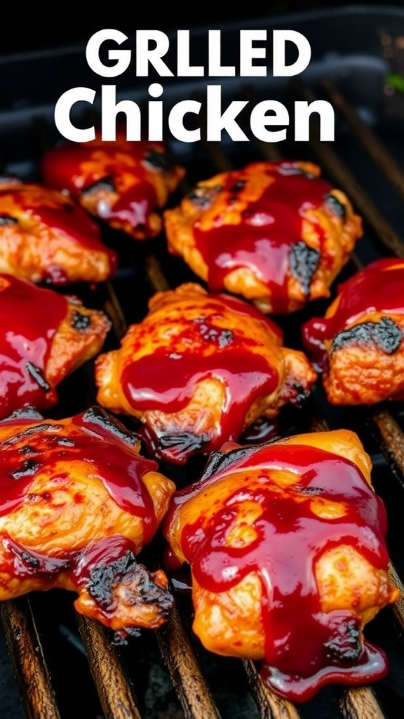 Grilled chicken thighs with barbecue sauce on a grill