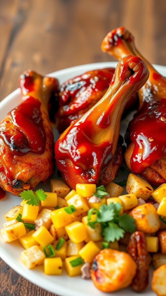 A plate of BBQ chicken drumsticks with sauce and a side of diced potatoes and corn.