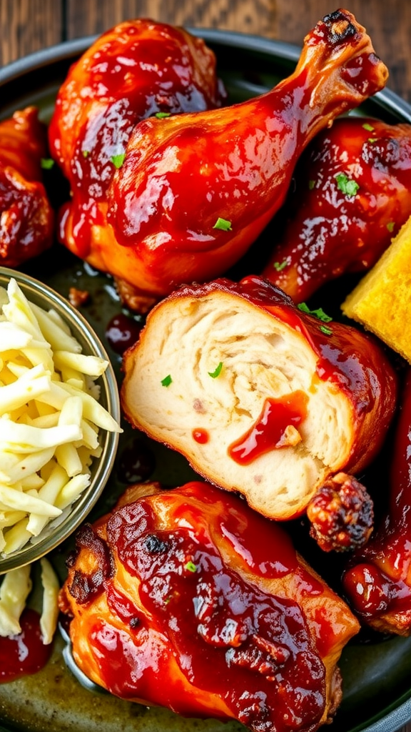 Delicious BBQ chicken with coleslaw and cornbread on a plate