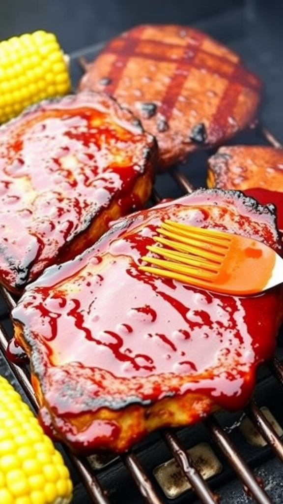 Grilled BBQ pork chops with corn on the grill
