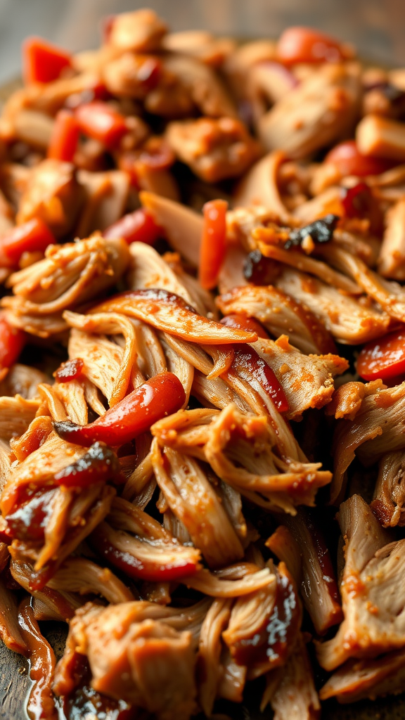 A close-up of BBQ pulled pork with red peppers, showcasing tender, shredded meat coated in barbecue sauce.