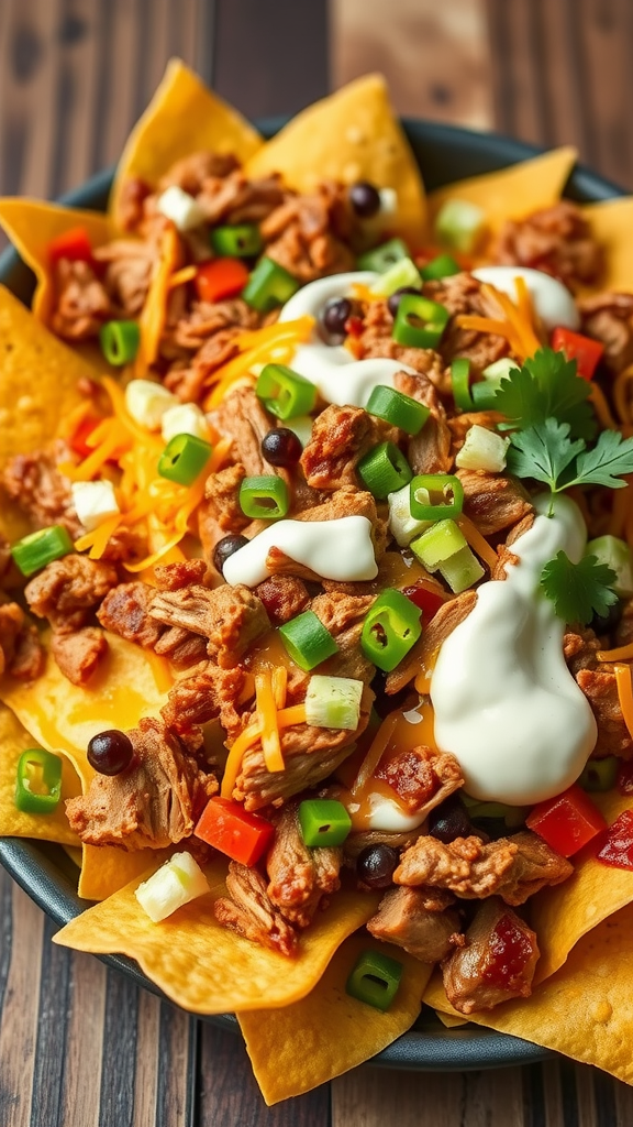 A plate of BBQ Pulled Pork Nachos topped with cheese, pulled pork, green onions, and sour cream.