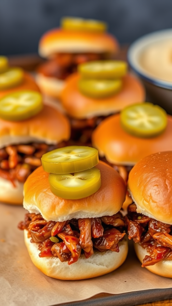 BBQ pulled pork sliders with pickles on top