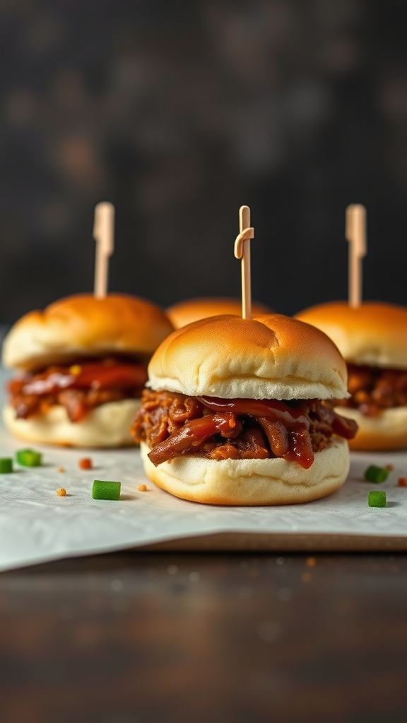 Three BBQ pulled pork sliders on a platter with toothpicks