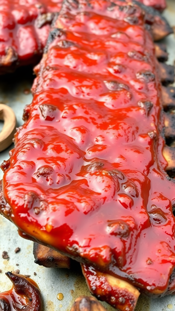 Close-up of BBQ ribs with a shiny glaze