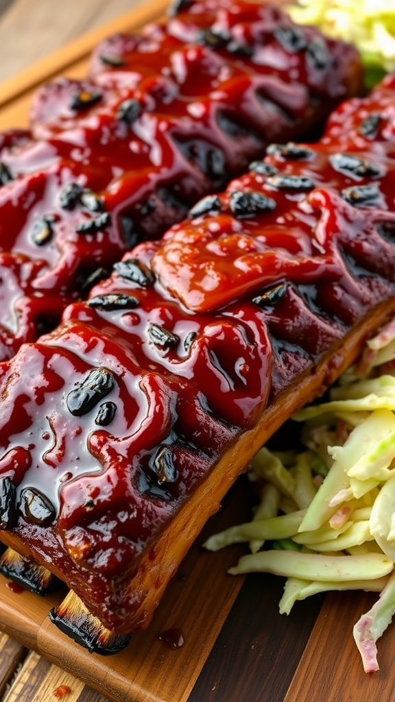 Delicious BBQ ribs glazed with a rich barbecue sauce served with coleslaw.