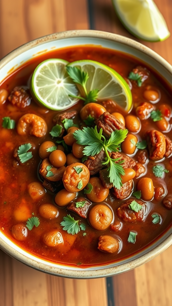 A bowl of Beef and Bean Chili garnished with lime and cilantro, showcasing its hearty texture.