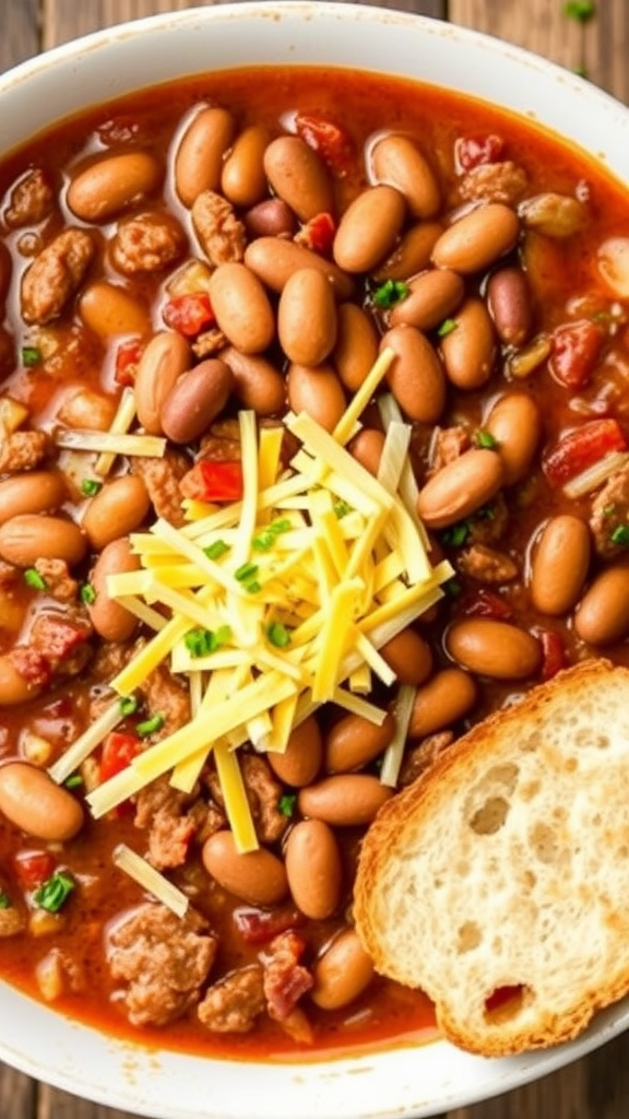 Bowl of Beef and Bean Chili topped with cheese and served with a slice of bread