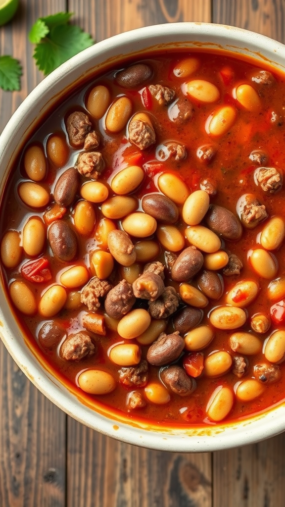 A bowl of beef and bean chili with various beans and chunks of ground beef in a rich tomato base.