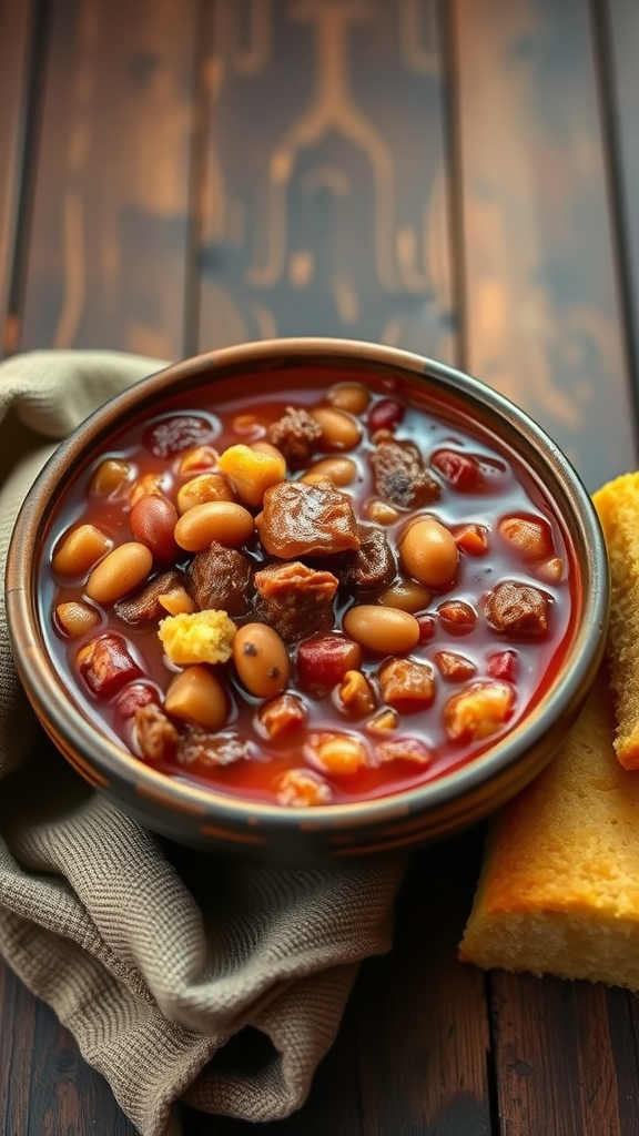 A hearty bowl of beef and bean chili next to a piece of cornbread