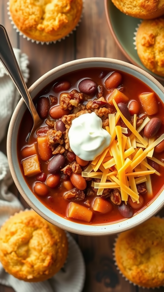 A bowl of beef and bean chili topped with cheese and sour cream, surrounded by cornbread muffins.
