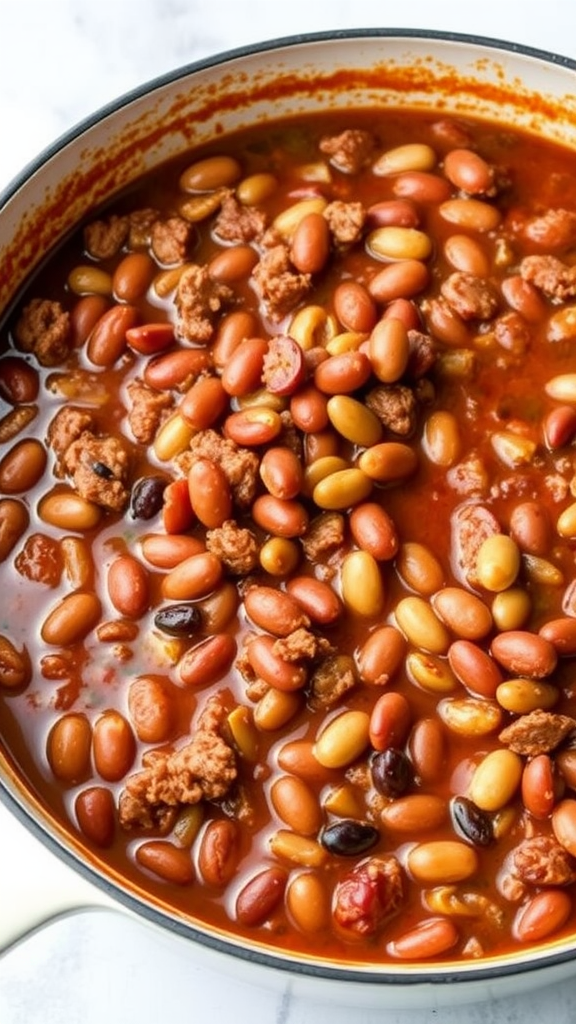 A pot filled with beef and bean chili, showing a mix of beans and meat in a rich sauce.