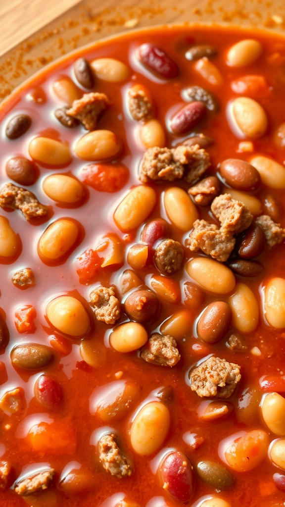 A close-up view of a hearty beef and bean chili, showcasing a mix of colorful beans and ground beef in a rich tomato sauce.