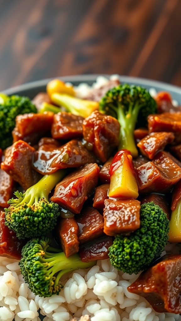 A bowl of beef and broccoli served over rice, showcasing vibrant colors and textures.